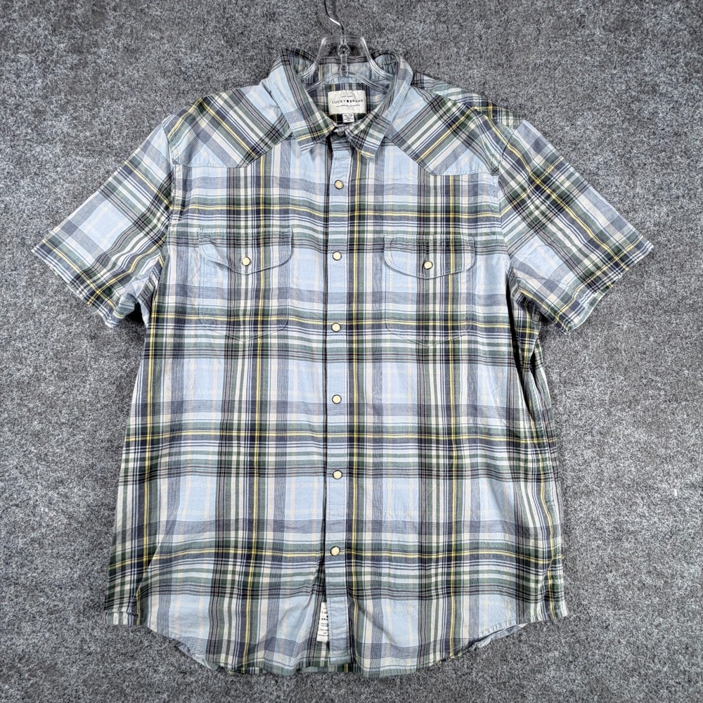 Lucky Brand Western Shirt Men XL Multi Plaid Cotton Stretch Pearl Snap Button Up